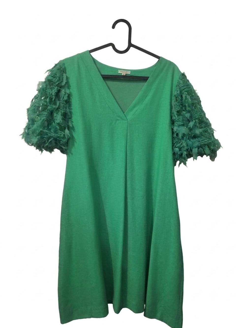 JODIFL Emerald Green V-Neck Mini Dress with Textured Puff Sleeves
